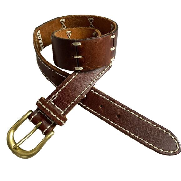 Eddie Bauer Leather Belt Small Womens Brass Buckle Brown Stitched Link 1.5" - Picture 1 of 8